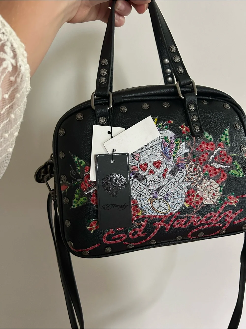 Ed Hardy Black Embellished Heart Skull Graphic Dome Satchel